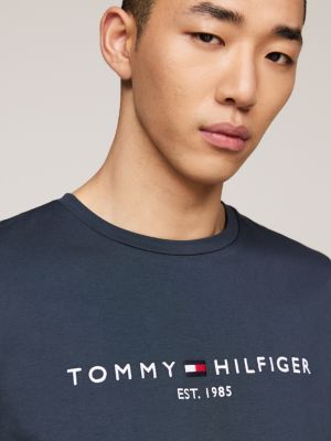 t-shirt slim fit con logo ricamato blu da uomini tommy hilfiger