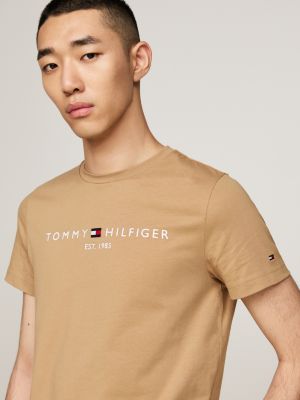 brown logo embroidery slim t-shirt for men tommy hilfiger