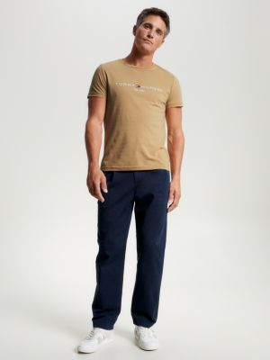 khaki slim fit t-shirt mit logo-stickerei für herren - tommy hilfiger
