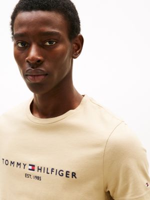 beige logo embroidery slim t-shirt for men tommy hilfiger