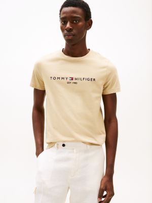 beige slim fit t-shirt mit logo-stickerei für herren - tommy hilfiger