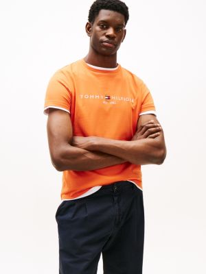 orange slim fit t-shirt mit logo-stickerei für herren - tommy hilfiger