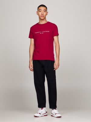 red slim fit t-shirt mit logo-stickerei für herren - tommy hilfiger