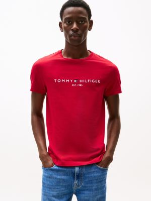 red slim fit t-shirt met geborduurd logo voor heren - tommy hilfiger