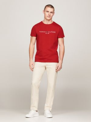 camiseta slim con logo bordado roja de hombres tommy hilfiger