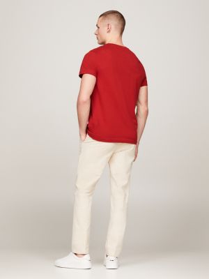 camiseta slim con logo bordado roja de hombres tommy hilfiger