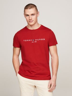 camiseta slim con logo bordado roja de hombres tommy hilfiger