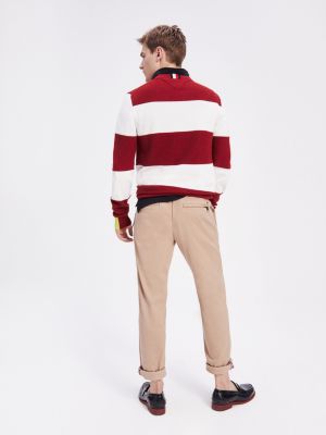 khaki pants with red stripe