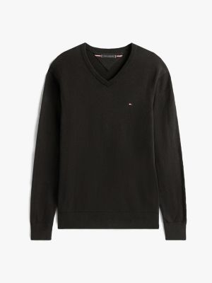 pull à col en v et drapeau brodé noir pour hommes tommy hilfiger