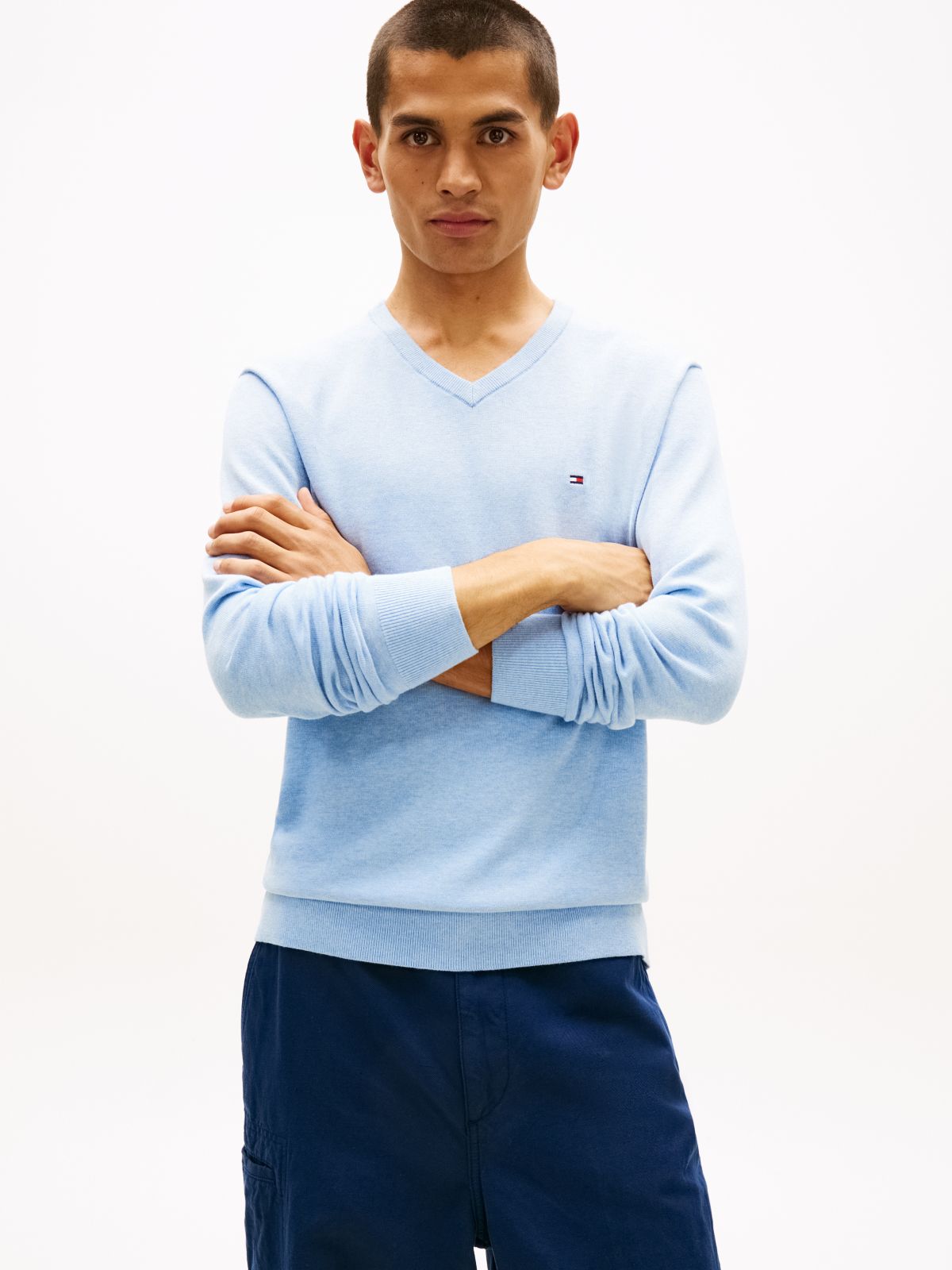Flag Embroidery V-Neck Jumper — Blue