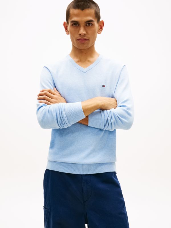 Flag Embroidery V-Neck Jumper — Blue