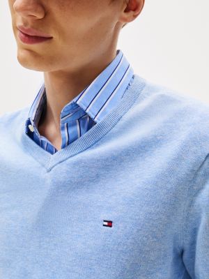 blauw trui met v-hals en geborduurde vlag voor heren - tommy hilfiger