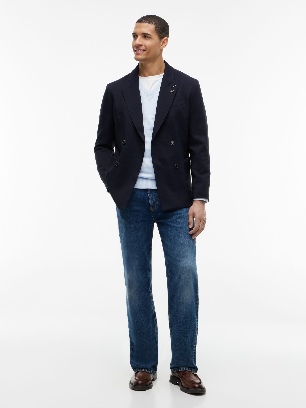 Flag Embroidery V-Neck Jumper — Blue