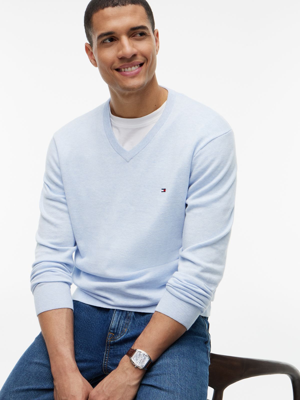 Flag Embroidery V-Neck Jumper — Blue