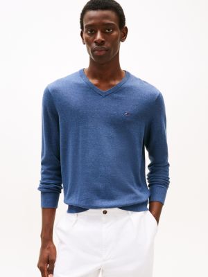 pull à col en v et drapeau brodé blue pour hommes tommy hilfiger