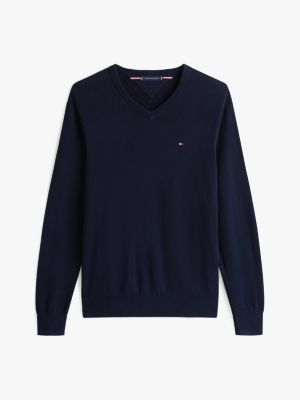 blau pullover mit v-ausschnitt und flag-stickerei für herren - tommy hilfiger