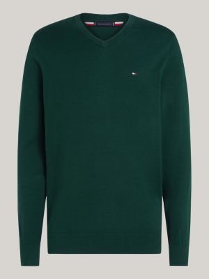 grün pullover mit flag-stickerei und v-ausschnitt für herren - tommy hilfiger