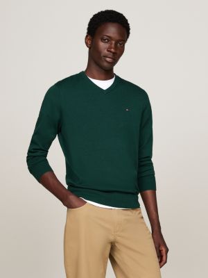 green v-neck flag embroidery jumper for men tommy hilfiger