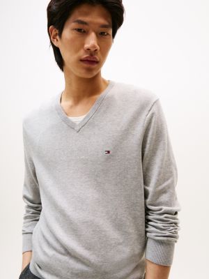 grey flag embroidery v-neck jumper for men tommy hilfiger