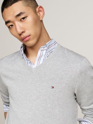 grey flag embroidery v-neck jumper for men tommy hilfiger