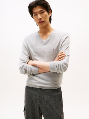 grey flag embroidery v-neck jumper for men tommy hilfiger