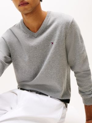 grey flag embroidery v-neck jumper for men tommy hilfiger