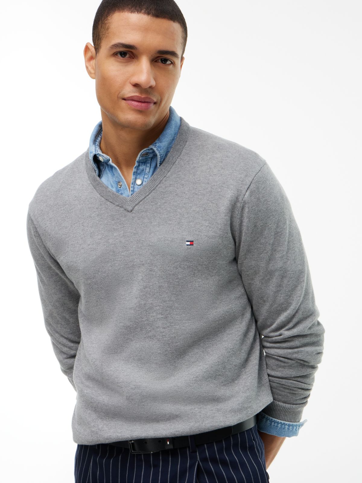 Flag Embroidery V-Neck Jumper — Grey