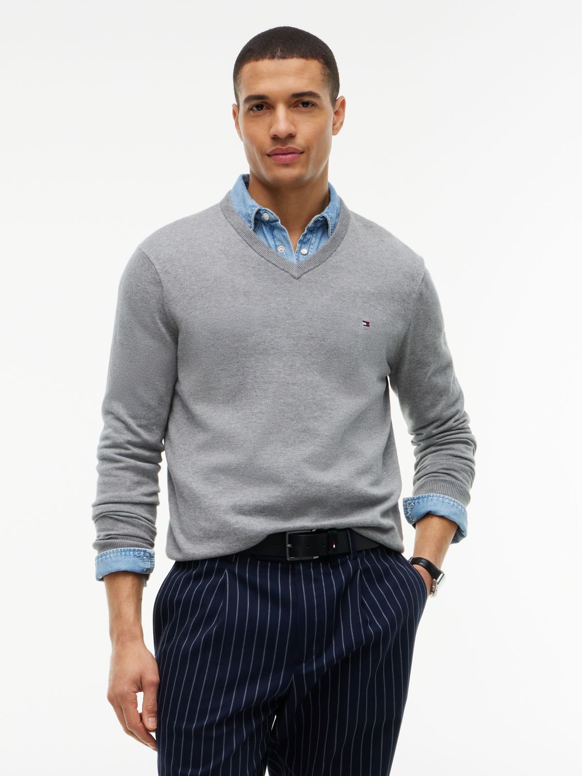 Flag Embroidery V-Neck Jumper — Grey