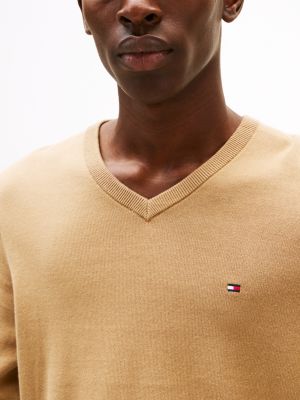 brown flag embroidery v-neck jumper for men tommy hilfiger