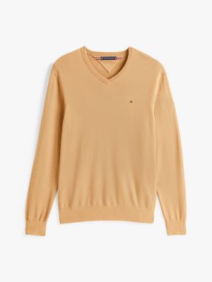 braun pullover mit v-ausschnitt und flag-stickerei für herren - tommy hilfiger