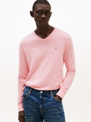 pink pullover mit v-ausschnitt und flag-stickerei für herren - tommy hilfiger