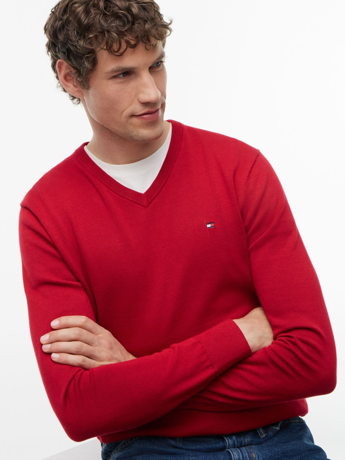 Flag Embroidery V-Neck Jumper — Red