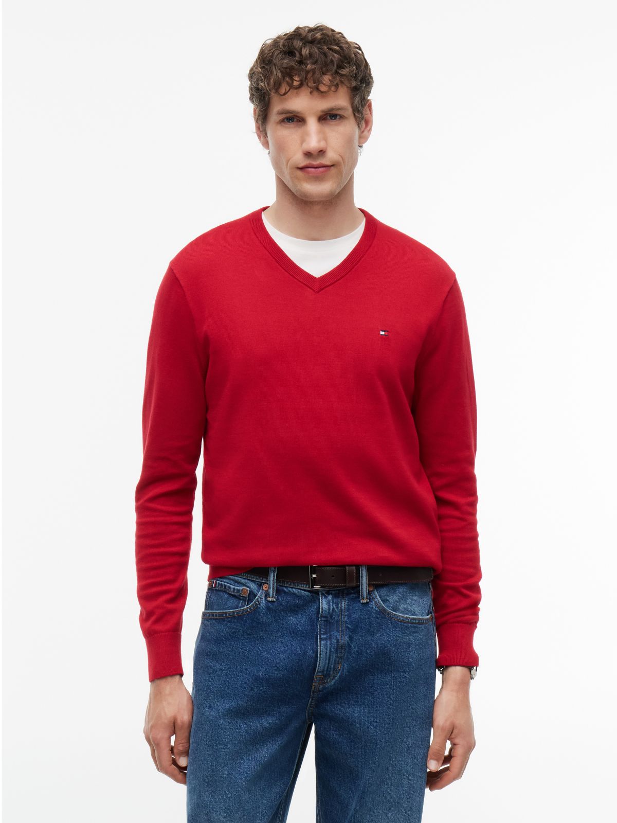 Flag Embroidery V-Neck Jumper — Red