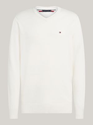 white v-neck flag embroidery jumper for men tommy hilfiger