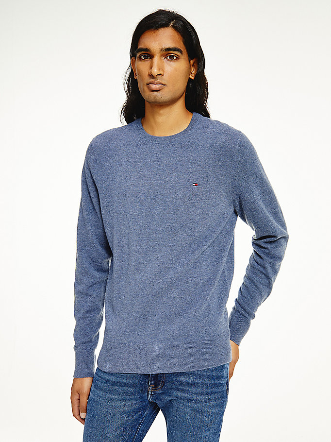 blue soft merino wool crew neck jumper for men tommy hilfiger