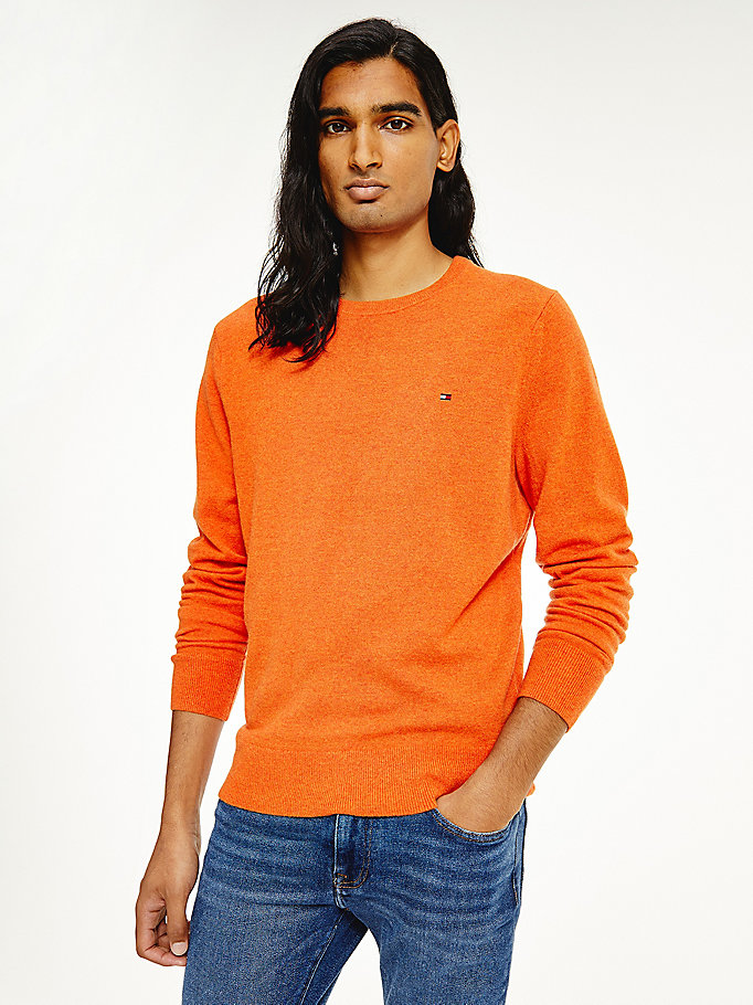 orange soft merino wool crew neck jumper for men tommy hilfiger