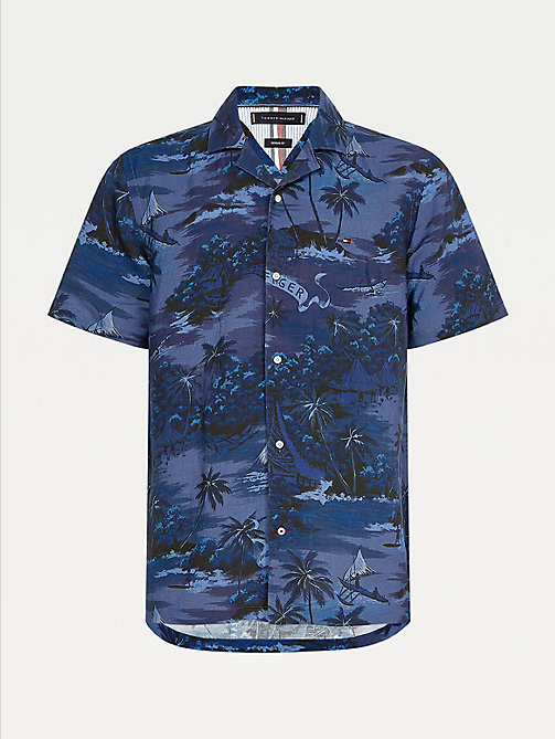 blau kurzarm-hemd mit hawaii-print für herren - tommy hilfiger