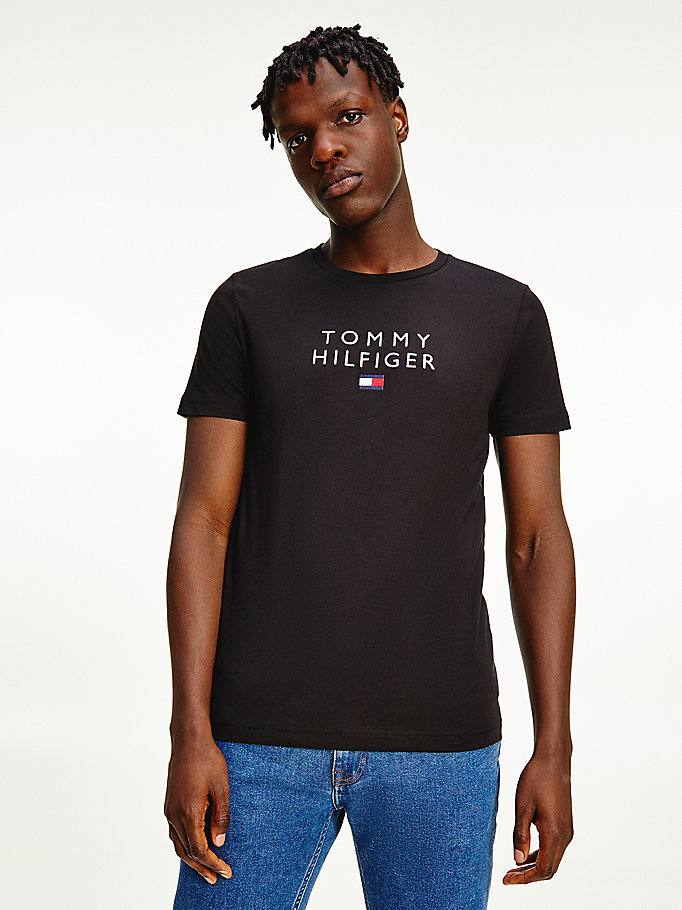 schwarz t-shirt mit logo-stickerei für herren - tommy hilfiger
