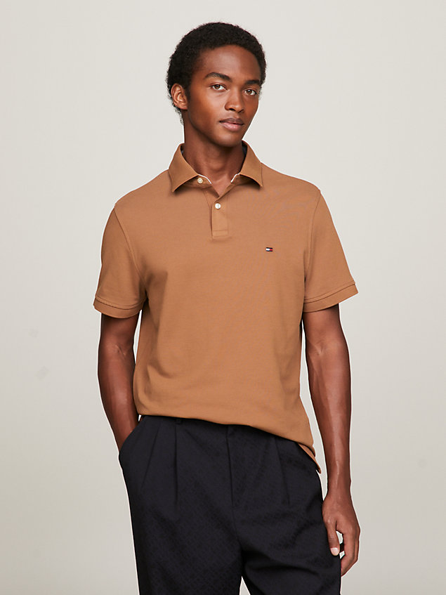 brown 1985 collection flag embroidery regular fit polo for men tommy hilfiger