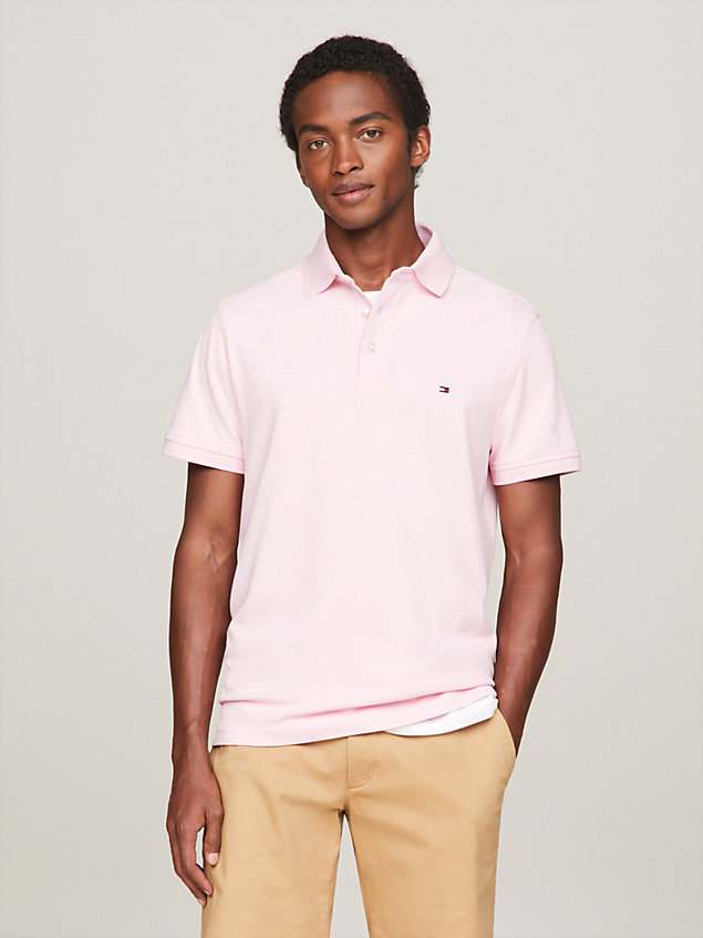 pink 1985 collection flag embroidery slim polo for men tommy hilfiger