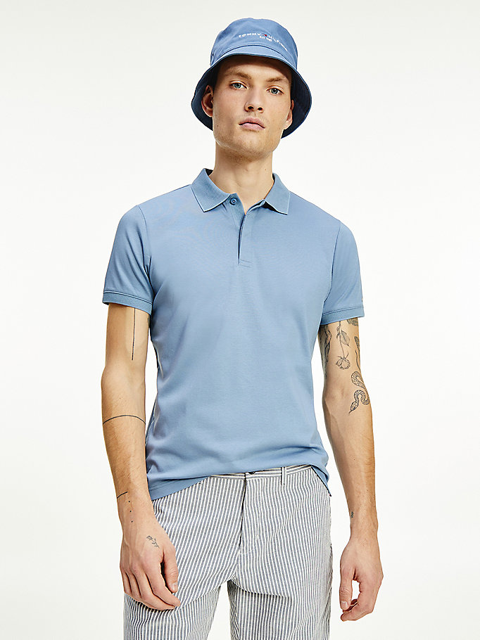 blue organic cotton slim fit logo polo for men tommy hilfiger