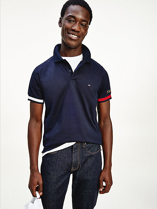 blue logo embroidery cuff slim fit polo for men tommy hilfiger