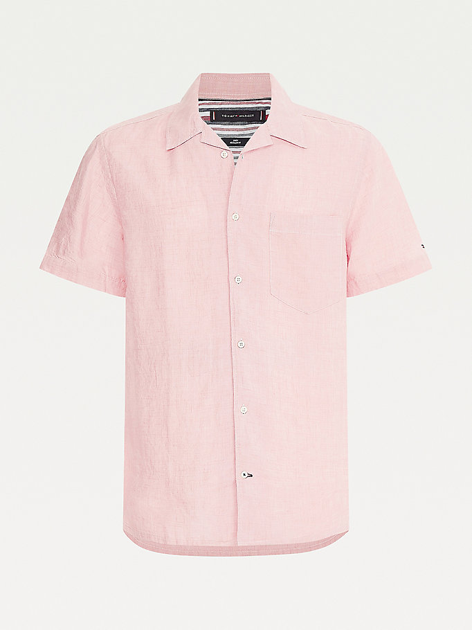 camicia in lino con colletto cubano rosa da uomo tommy hilfiger