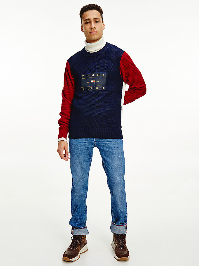 blue icons colour-blocked mixed knit jumper for men tommy hilfiger