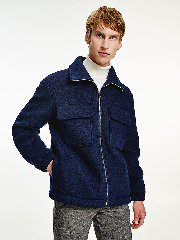 giacca camicia th tech in misto lana con zip blu da men tommy hilfiger