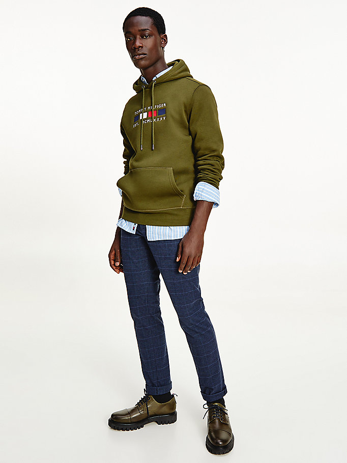 brown logo embroidery fleece hoody for men tommy hilfiger