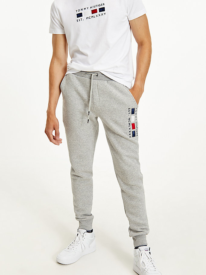 grey logo embroidery fleece joggers for men tommy hilfiger
