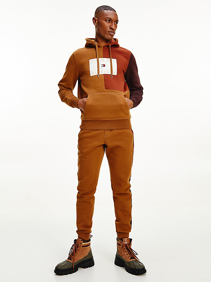 brown icons colour-blocked fleece hoody for men tommy hilfiger