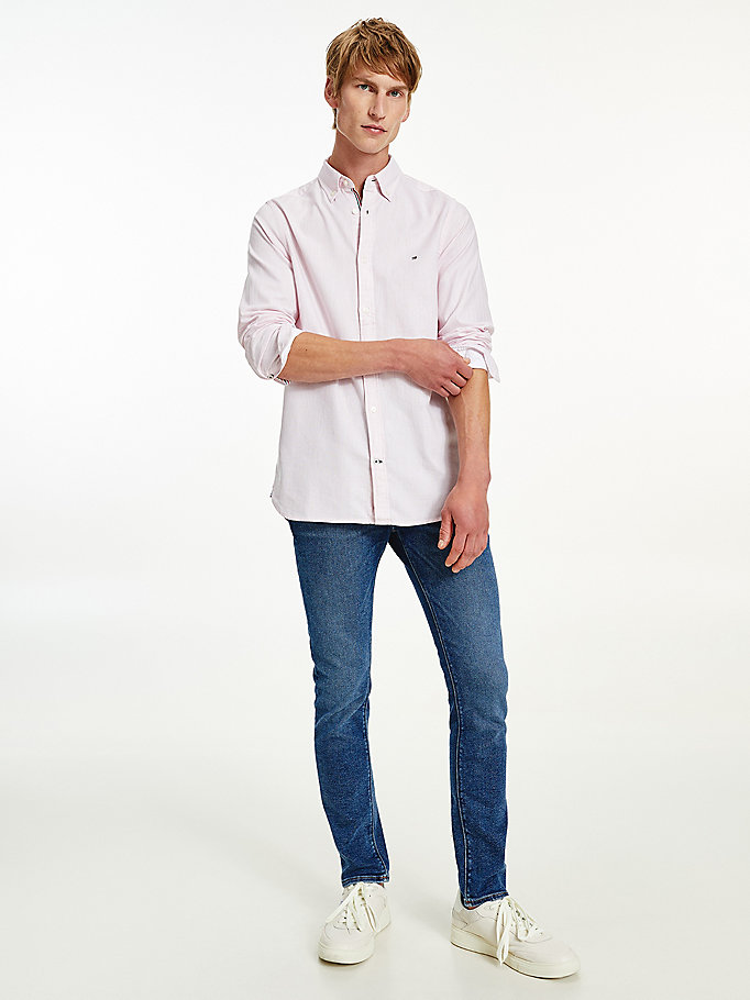 pink cotton melange dobby slim fit shirt for men tommy hilfiger