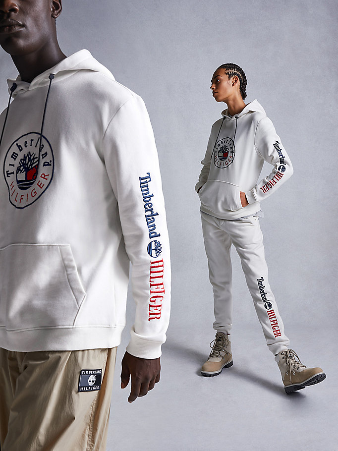 white tommyxtimberland dual gender logo hoody for men tommy hilfiger